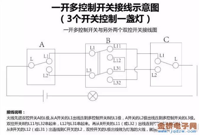 三个开关控制一灯接线图